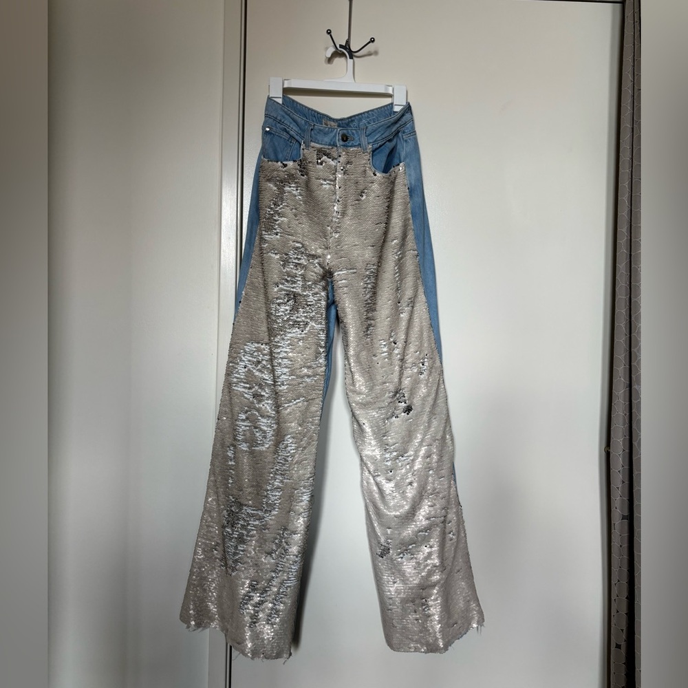 Pilcro anthropologie Wide-Leg Jeans in Light Blue and Beige sequinned Panels 30 - Picture 3 of 13
